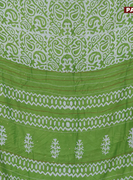 Batik cotton saree light green and red with allover batik prints & sequin work and kantha stitch work border