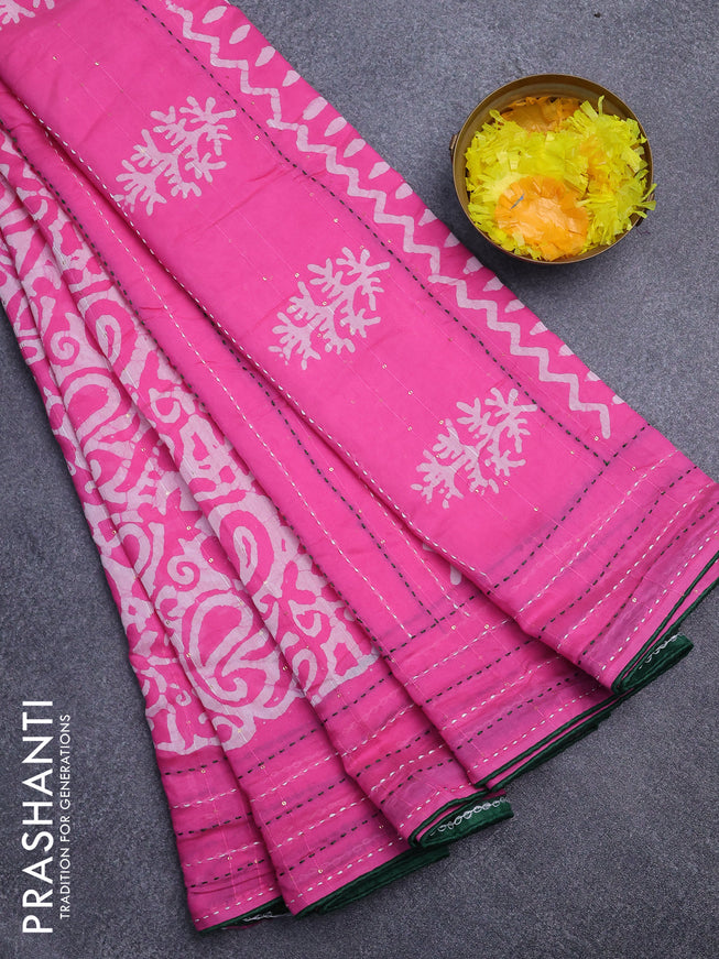 Batik cotton saree pink and green with allover batik prints & sequin work and kantha stitch work border