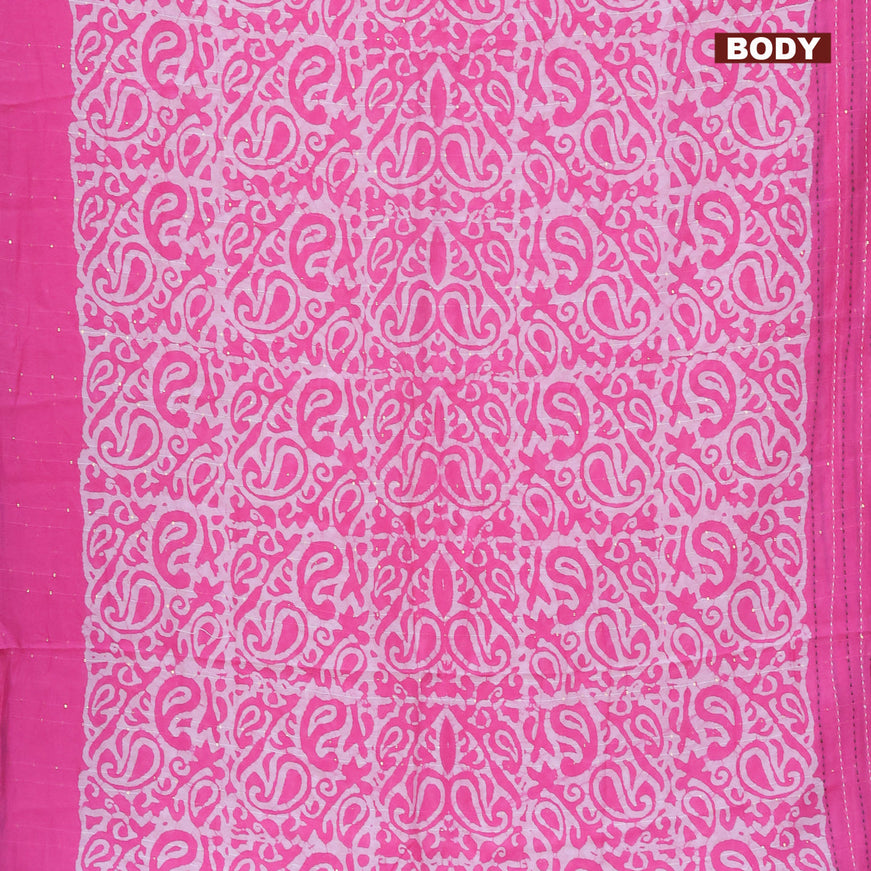 Batik cotton saree pink and green with allover batik prints & sequin work and kantha stitch work border