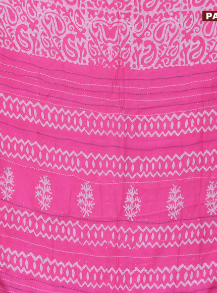 Batik cotton saree pink and green with allover batik prints & sequin work and kantha stitch work border