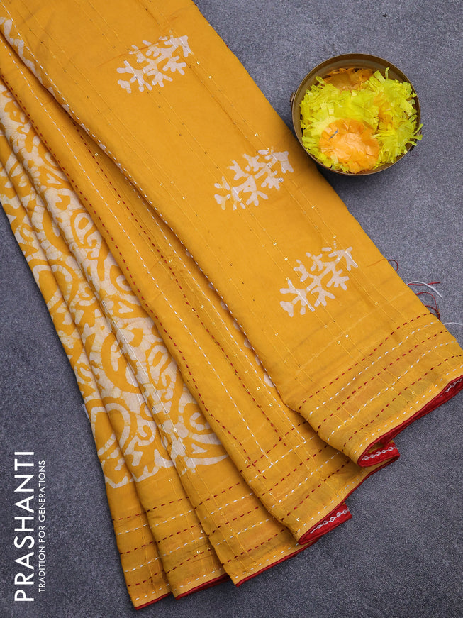 Batik cotton saree yellow and red with allover batik prints & sequin work and kantha stitch work border