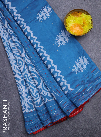 Batik cotton saree cs blue and red with allover batik prints & sequin work and kantha stitch work border