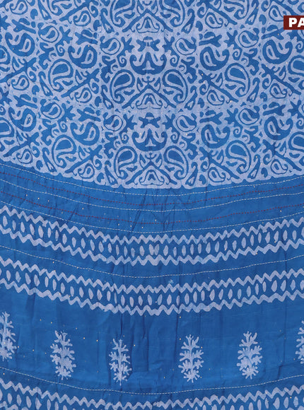 Batik cotton saree cs blue and red with allover batik prints & sequin work and kantha stitch work border