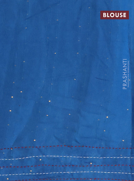 Batik cotton saree cs blue and red with allover batik prints & sequin work and kantha stitch work border