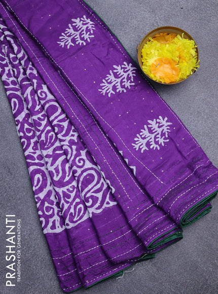 Batik cotton saree violet and green with allover batik prints & sequin work and kantha stitch work border