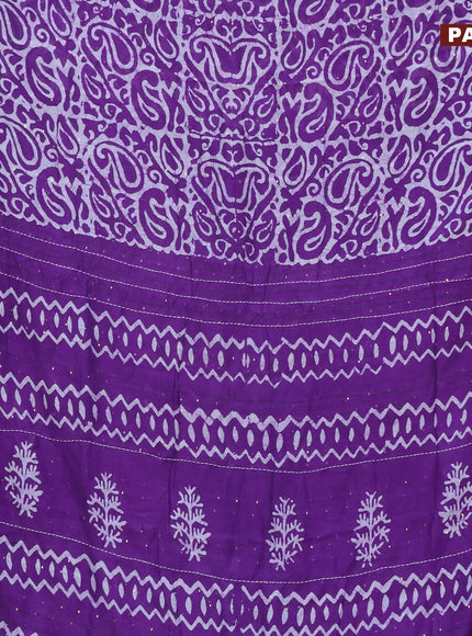 Batik cotton saree violet and green with allover batik prints & sequin work and kantha stitch work border