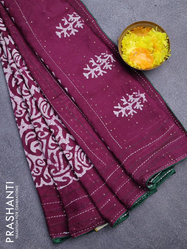 Batik cotton saree wine shade and green with allover batik prints & sequin work and kantha stitch work border