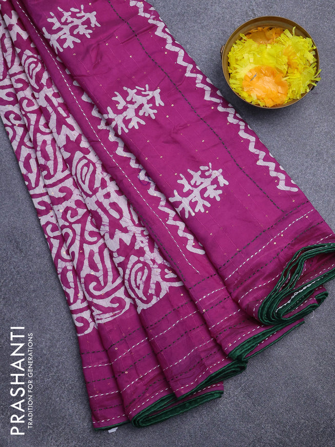 Batik cotton saree magenta pink and green with allover batik prints & sequin work and kantha stitch work border