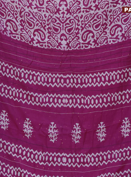 Batik cotton saree magenta pink and green with allover batik prints & sequin work and kantha stitch work border