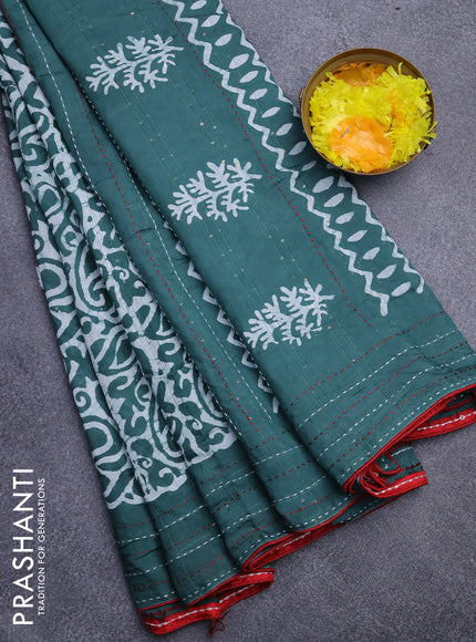 Batik cotton saree green shade and red with allover batik prints & sequin work and kantha stitch work border