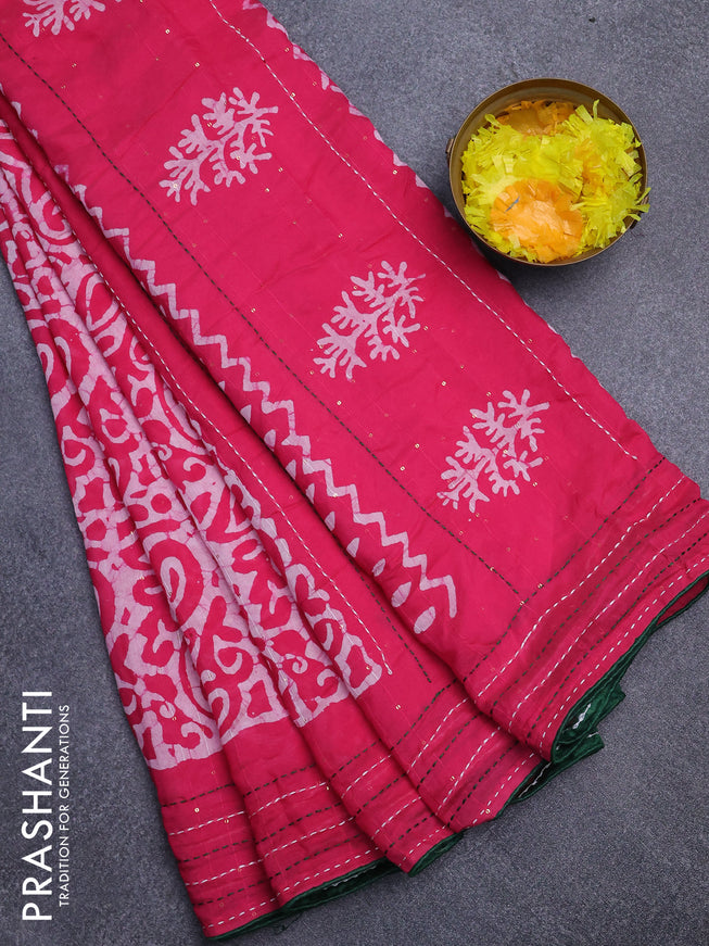 Batik cotton saree candy pink and green with allover batik prints & sequin work and kantha stitch work border