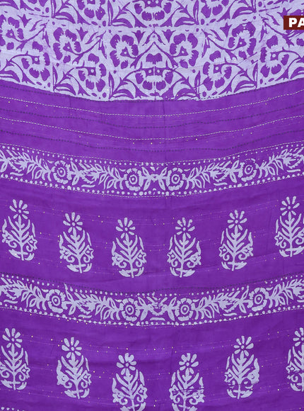 Batik cotton saree violet and green with allover batik prints & sequin work and kantha stitch work border