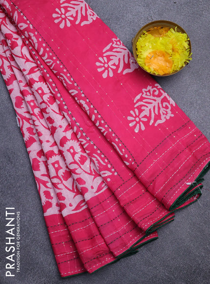 Batik cotton saree candy pink and green with allover batik prints & sequin work and kantha stitch work border