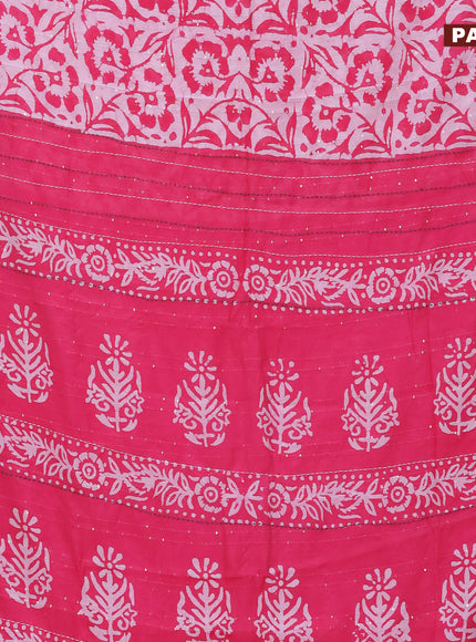 Batik cotton saree candy pink and green with allover batik prints & sequin work and kantha stitch work border