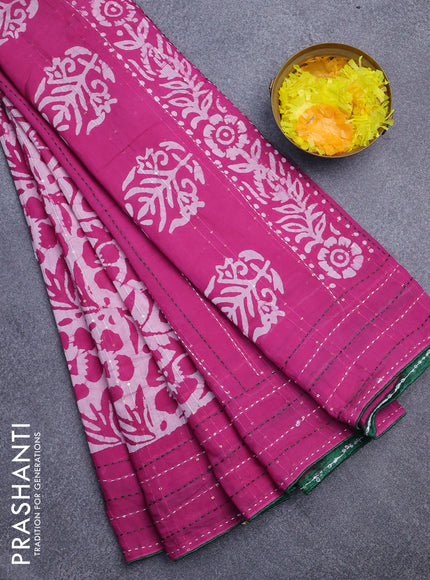 Batik cotton saree purple and green with allover batik prints & sequin work and kantha stitch work border