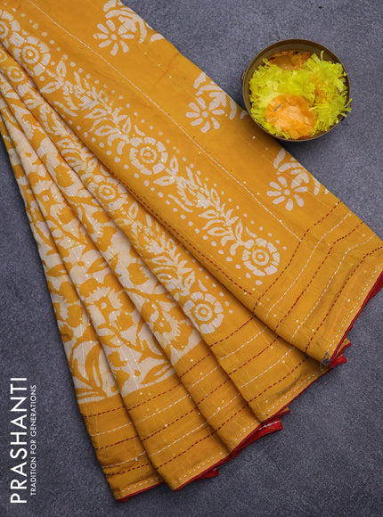 Batik cotton saree mango yellow and red with allover batik prints & sequin work and kantha stitch work border