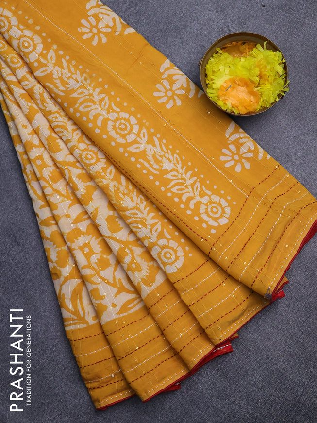 Batik cotton saree mango yellow and red with allover batik prints & sequin work and kantha stitch work border