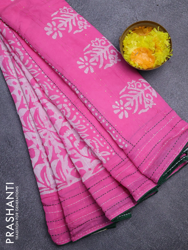 Batik cotton saree light pink and green with allover batik prints & sequin work and kantha stitch work border