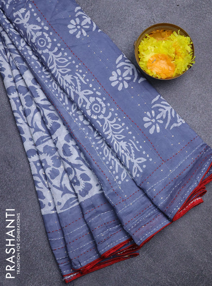 Batik cotton saree grey and red with allover batik prints & sequin work and kantha stitch work border