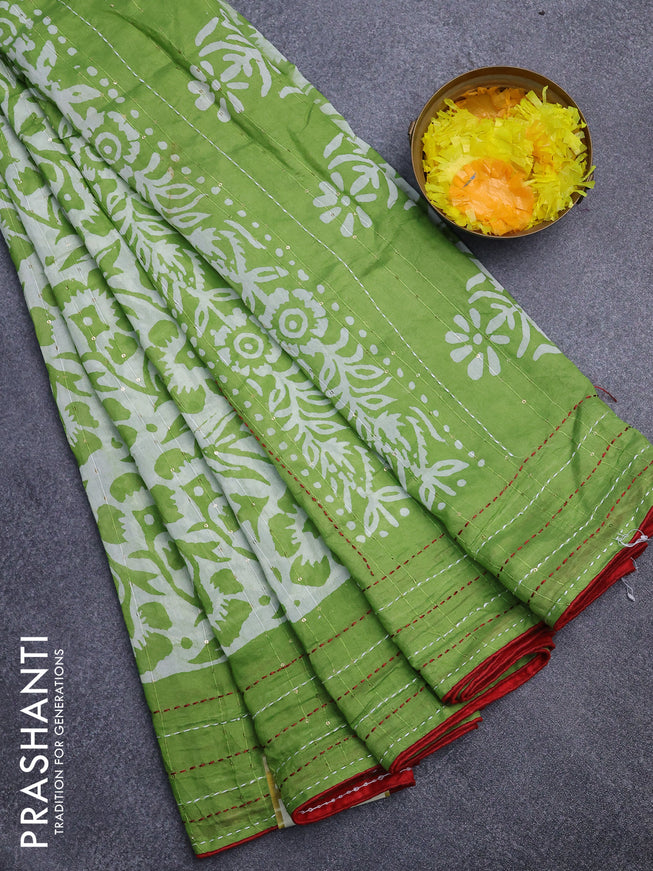 Batik cotton saree light green and red with allover batik prints & sequin work and kantha stitch work border