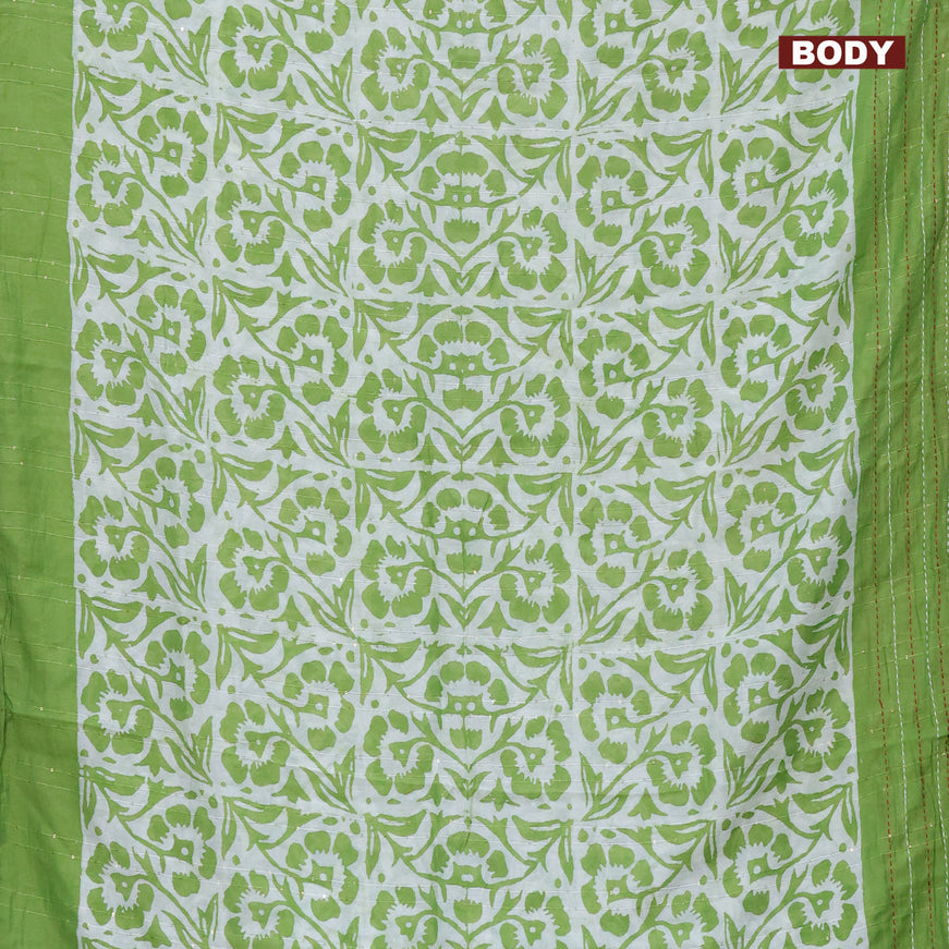 Batik cotton saree light green and red with allover batik prints & sequin work and kantha stitch work border