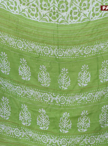 Batik cotton saree light green and red with allover batik prints & sequin work and kantha stitch work border