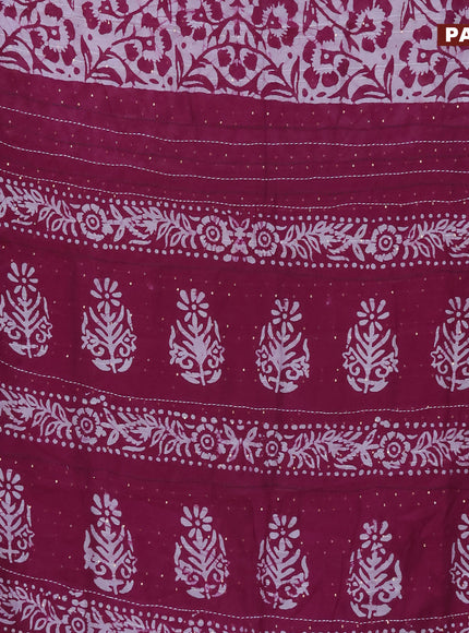 Batik cotton saree wine shade and green with allover batik prints & sequin work and kantha stitch work border