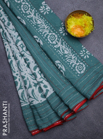 Batik cotton saree pastel green shade and red with allover batik prints & sequin work and kantha stitch work border