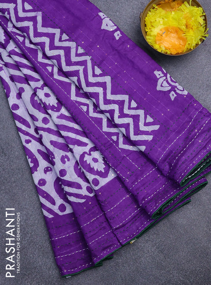 Batik cotton saree violet and green with allover batik prints & sequin work and kantha stitch work border