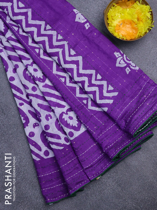 Batik cotton saree violet and green with allover batik prints & sequin work and kantha stitch work border