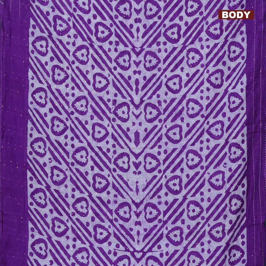 Batik cotton saree violet and green with allover batik prints & sequin work and kantha stitch work border