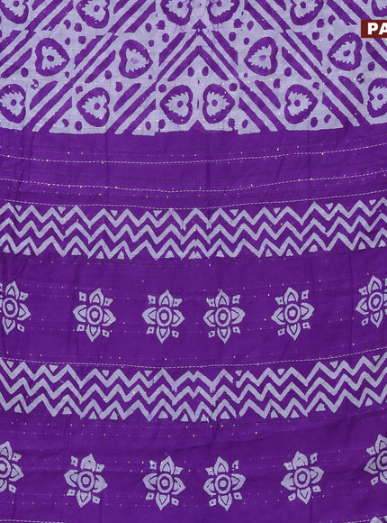 Batik cotton saree violet and green with allover batik prints & sequin work and kantha stitch work border