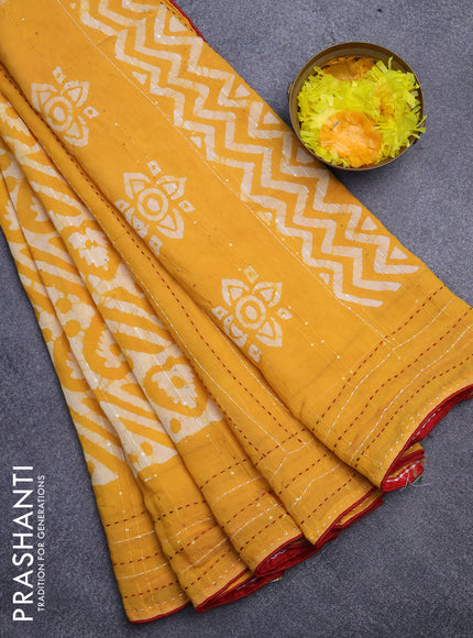 Batik cotton saree mango yellow and red with allover batik prints & sequin work and kantha stitch work border