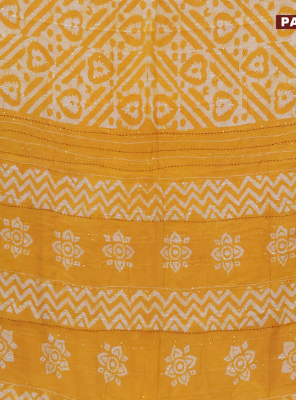 Batik cotton saree mango yellow and red with allover batik prints & sequin work and kantha stitch work border