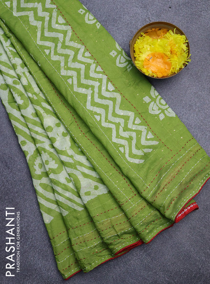 Batik cotton saree light green and red with allover batik prints & sequin work and kantha stitch work border