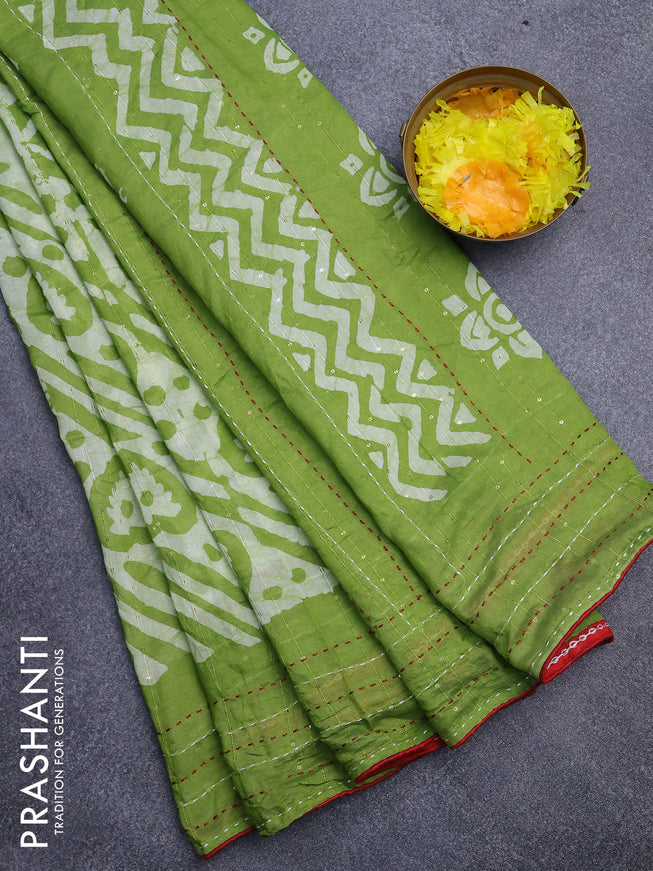 Batik cotton saree light green and red with allover batik prints & sequin work and kantha stitch work border