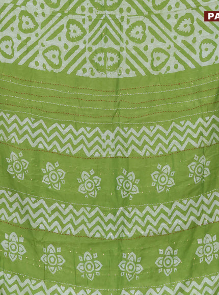 Batik cotton saree light green and red with allover batik prints & sequin work and kantha stitch work border