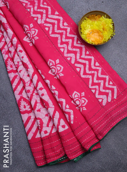 Batik cotton saree pink and green with allover batik prints & sequin work and kantha stitch work border