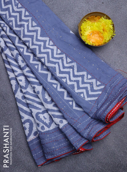 Batik cotton saree grey and red with allover batik prints & sequin work and kantha stitch work border