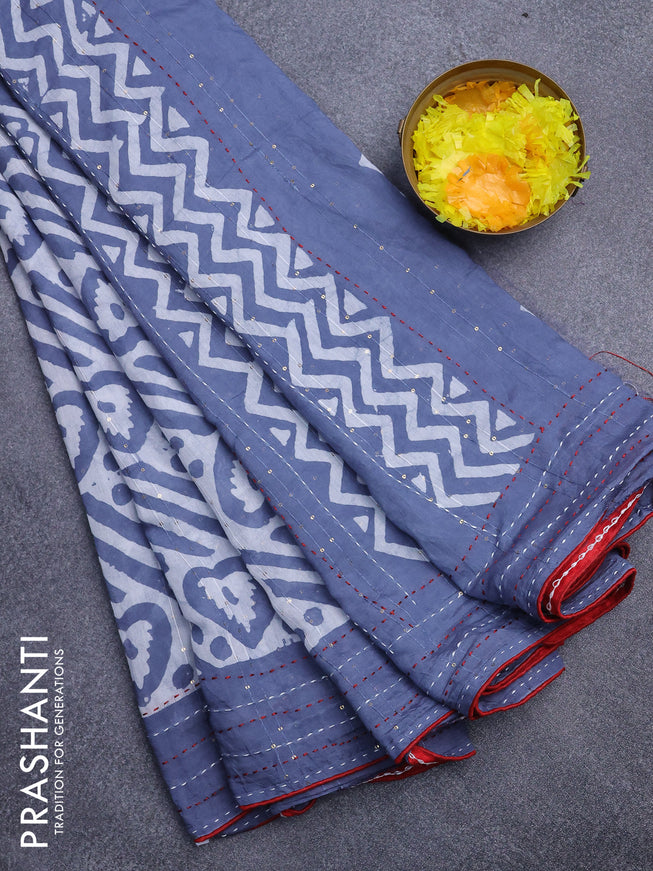 Batik cotton saree grey and red with allover batik prints & sequin work and kantha stitch work border