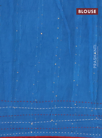 Batik cotton saree cs blue and red with allover batik prints & sequin work and kantha stitch work border