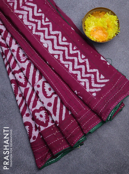 Batik cotton saree purple and green with allover batik prints & sequin work and kantha stitch work border