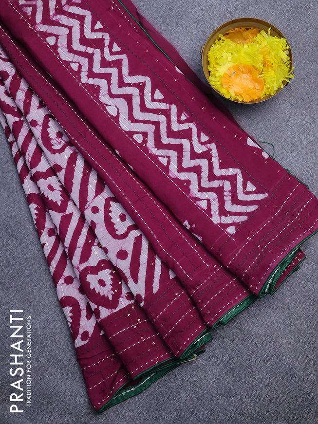 Batik cotton saree purple and green with allover batik prints & sequin work and kantha stitch work border