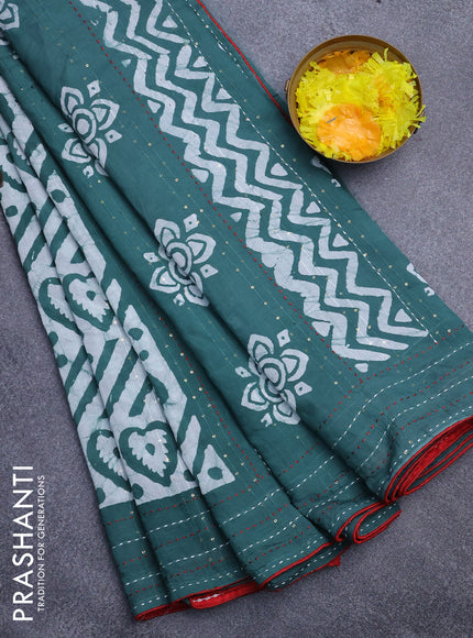 Batik cotton saree green shade and red with allover batik prints & sequin work and kantha stitch work border