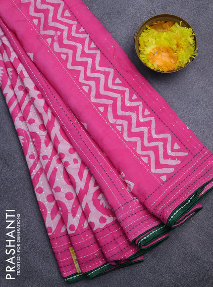 Batik cotton saree pink and green with allover batik prints & sequin work and kantha stitch work border