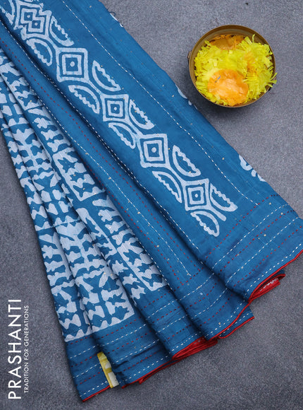 Batik cotton saree cs blue and red with allover batik prints & sequin work and kantha stitch work border