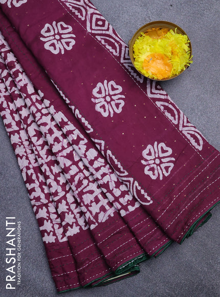 Batik cotton saree wine shade and green with allover batik prints & sequin work and kantha stitch work border