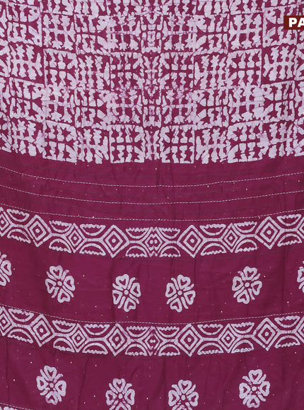 Batik cotton saree wine shade and green with allover batik prints & sequin work and kantha stitch work border