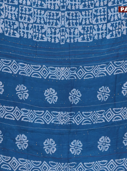 Batik cotton saree cs blue and red with allover batik prints & sequin work and kantha stitch work border