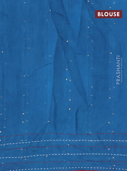 Batik cotton saree cs blue and red with allover batik prints & sequin work and kantha stitch work border